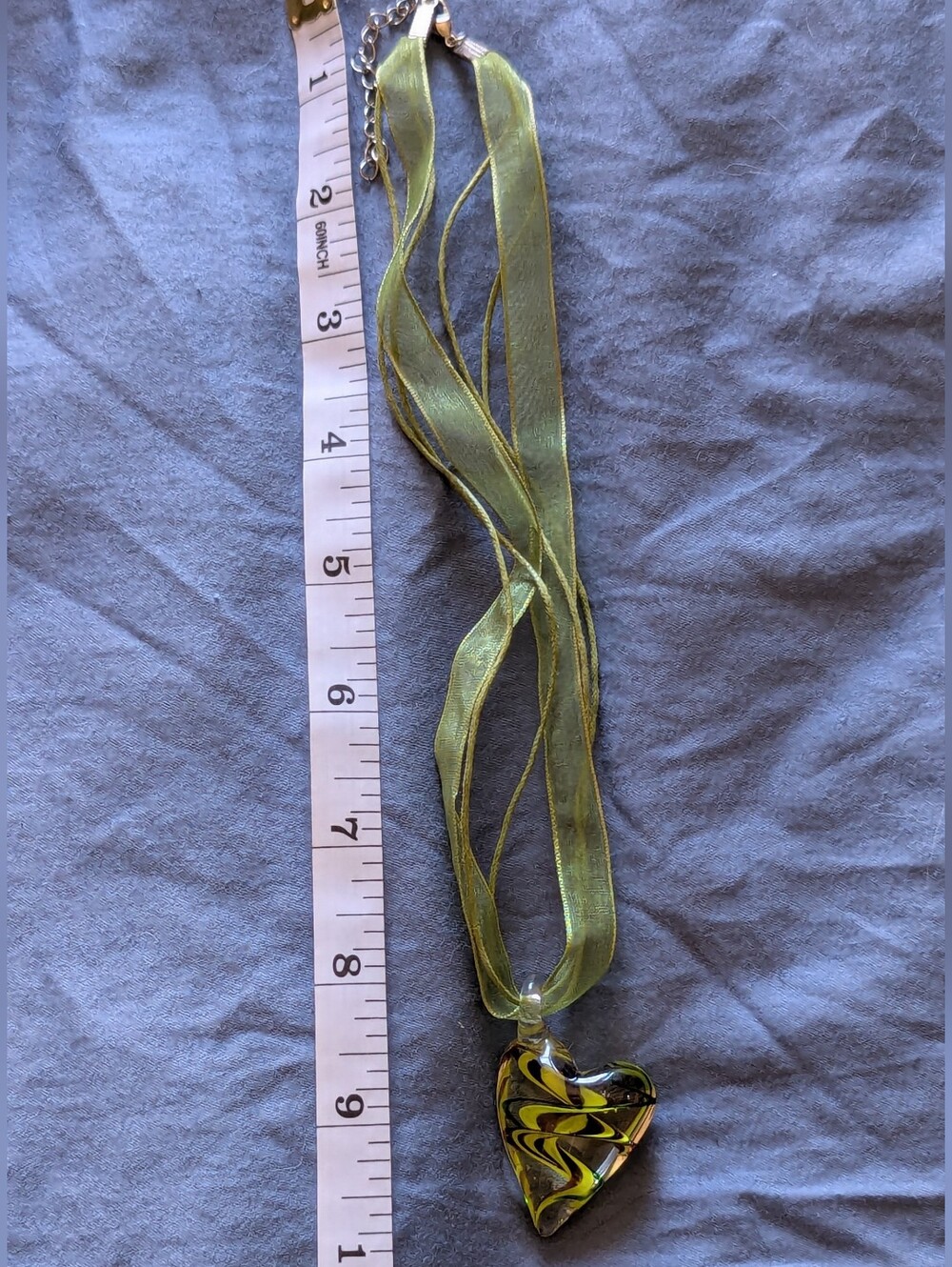 Handblown Glass Heart Pendant Necklace - Green Ribbon - Picture 4 of 5